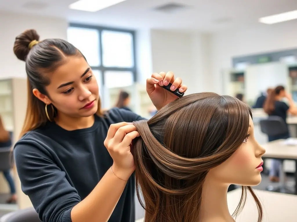 A focused image of a student practicing the application of keratin bond hair extensions on a mannequin head in a well-lit classroom setting at Image London Academy.