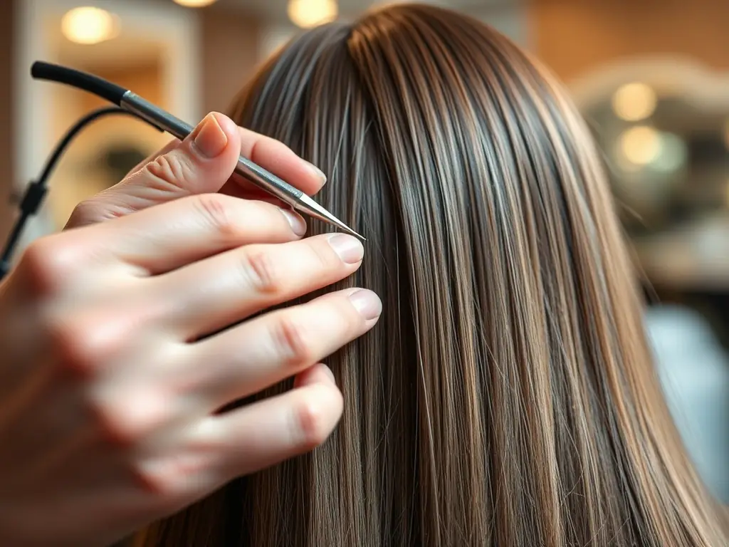 A close-up image showcasing the application of nano/micro rings for hair extensions, highlighting the precision and detail involved in the process at Image London Academy.