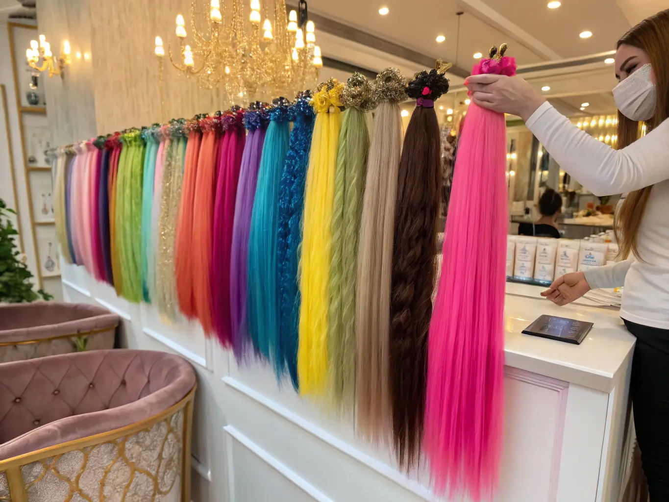 A selection of high-quality hair extension tools and supplies, including pliers, micro rings, and extension removers, neatly arranged on a table.