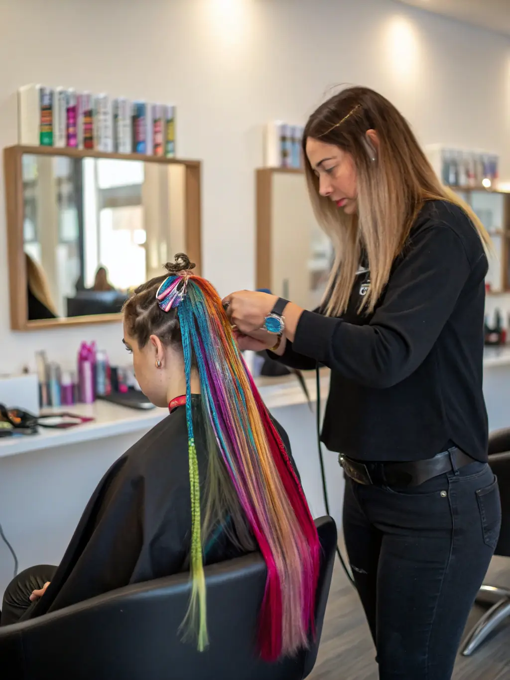 Image of a student practicing tape-in hair extension application on a mannequin head, focusing on alignment and neatness.