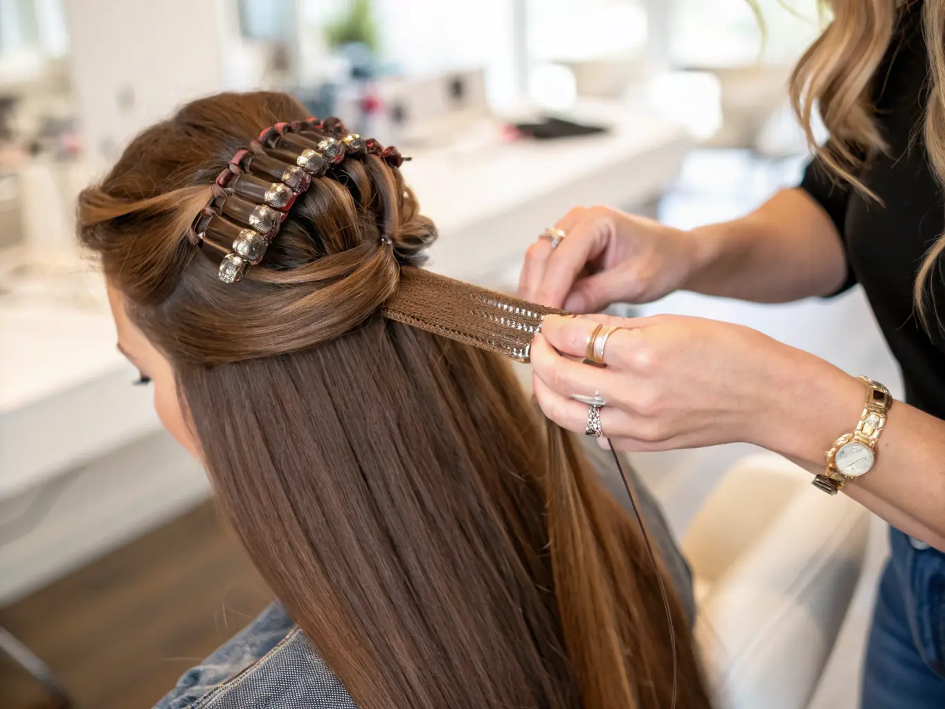 A close-up image showcasing the application of nano/micro ring hair extensions, highlighting the precision and discreetness of the technique.